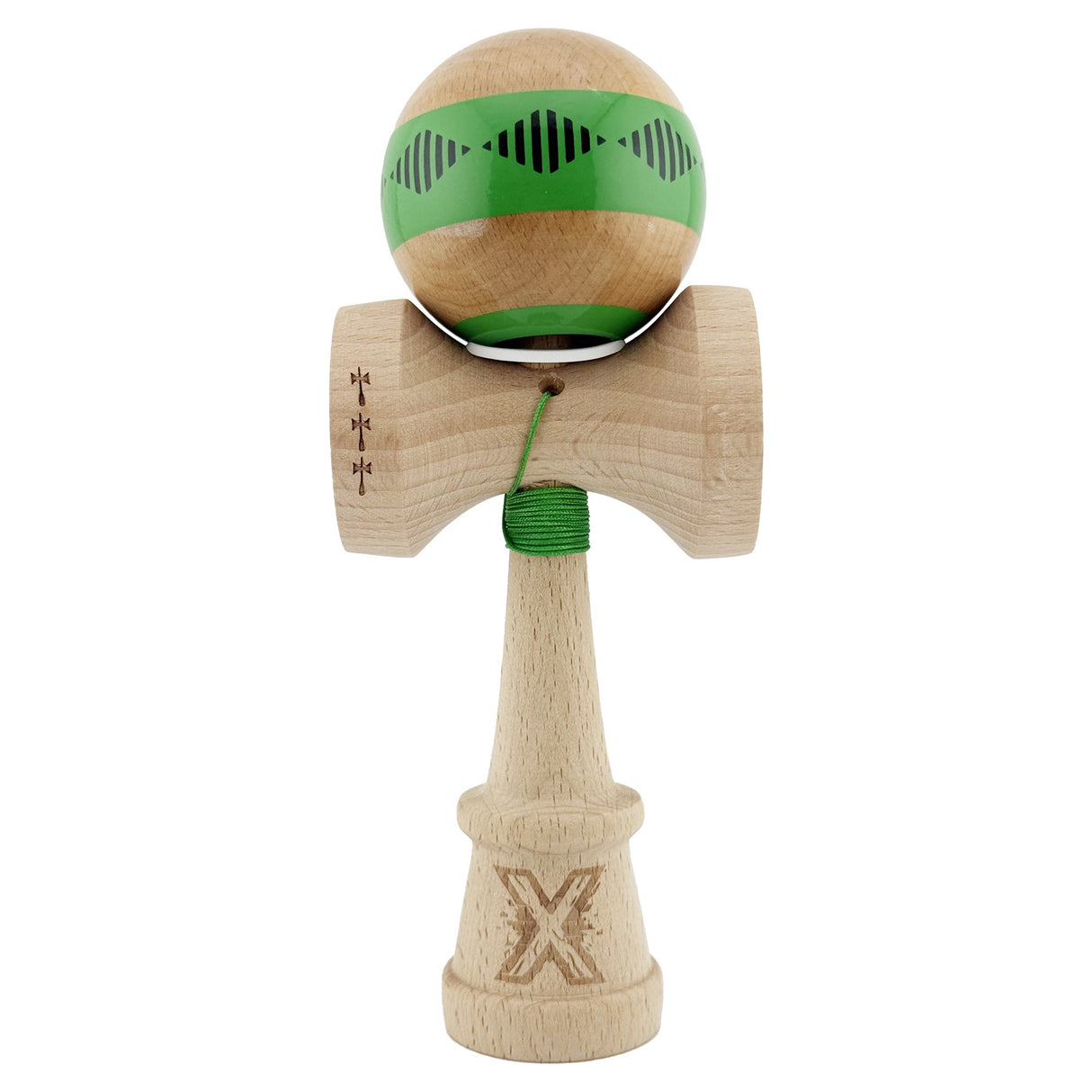 Kendama X Originala FREQUENCY, Profesionala, Vivimall, Cupe Mari KING SIZE V3, Super Sticky, Gaura in Baza, Rulment Metalic, din lemn 18 cm, Ata 55 cm, Verde/Maro