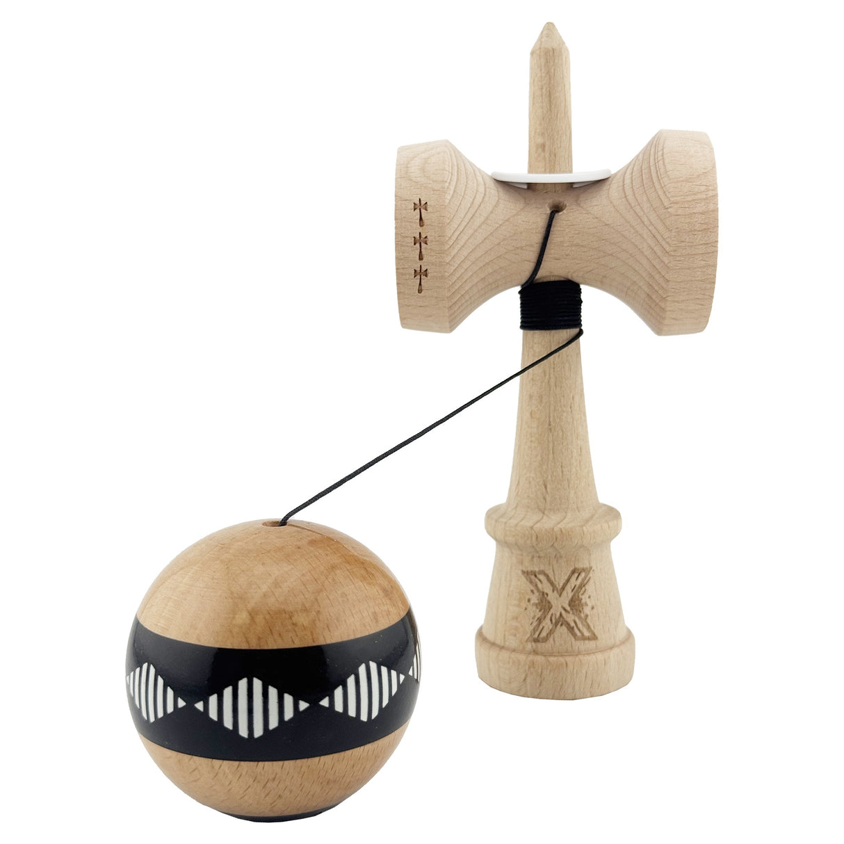Kendama X Originala FREQUENCY, Profesionala, Vivimall, Cupe Mari KING SIZE V3, Super Sticky, Gaura in Baza, Rulment Metalic, din lemn 18 cm, Ata 55 cm, Negru/Maro