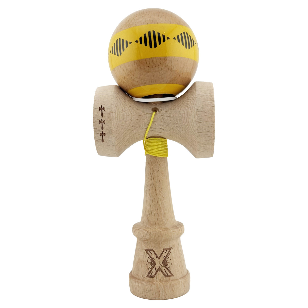 Kendama X Originala FREQUENCY, Profesionala, Vivimall, Cupe Mari KING SIZE V3, Super Sticky, Gaura in Baza, Rulment Metalic, din lemn 18 cm, Ata 55 cm, Galben/Maro