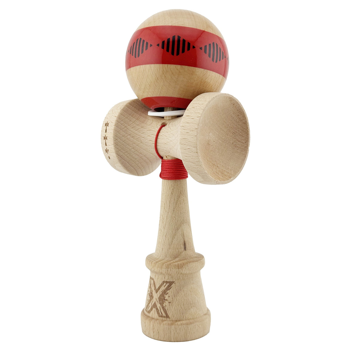 Kendama X Originala FREQUENCY, Profesionala, Vivimall, Cupe Mari KING SIZE V3, Super Sticky, Gaura in Baza, Rulment Metalic, din lemn 18 cm, Ata 55 cm, Rosu/Maro
