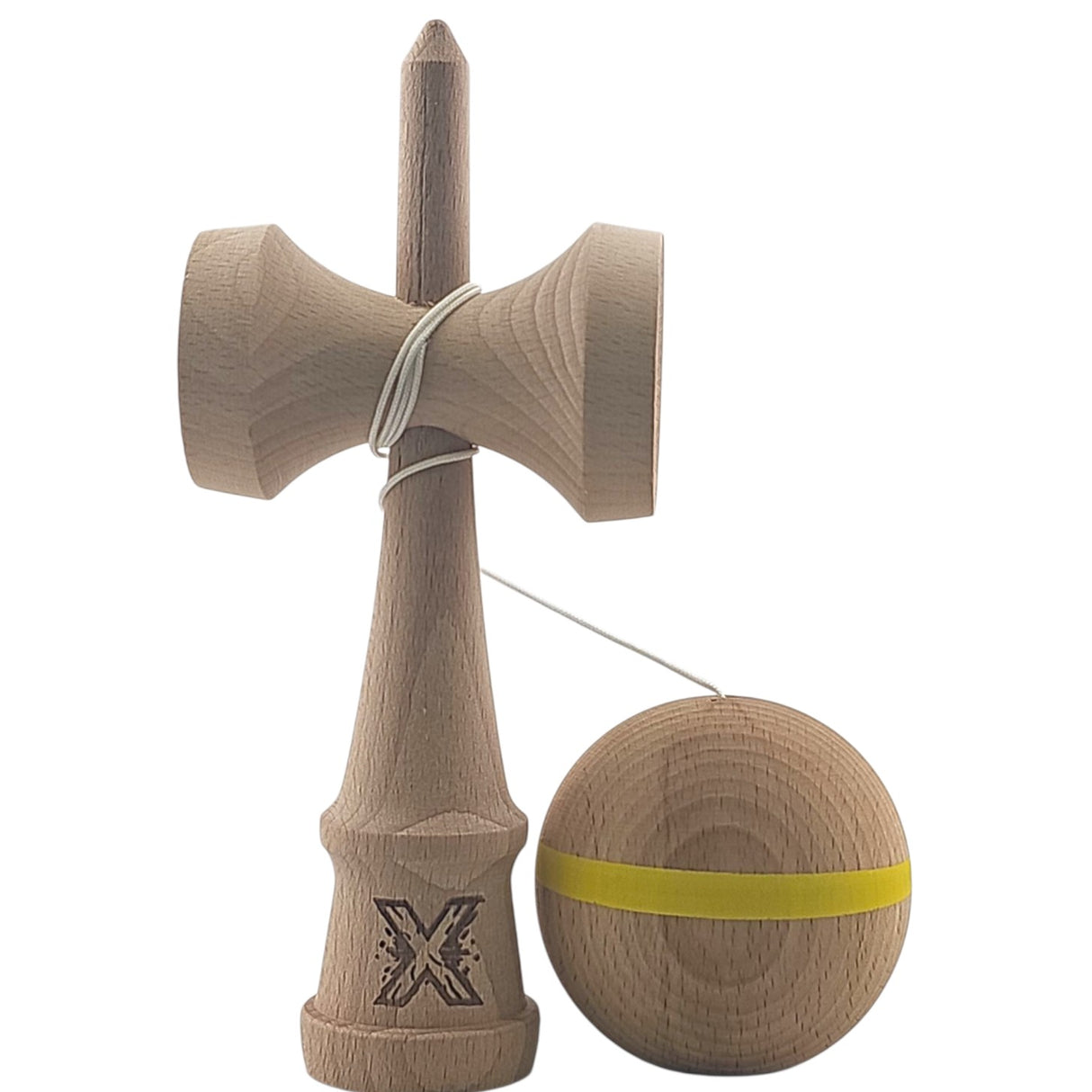 Kendama X Originală, Profesională, Flippy, din Lemn, 18 cm, cu Dunga, Galben, Lemn - vivimall.ro