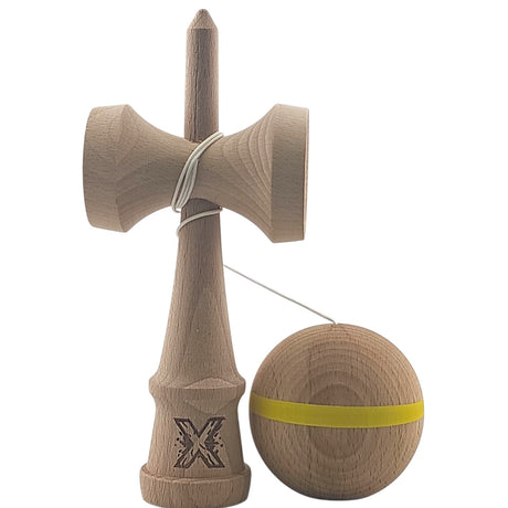 Kendama X Originală, Profesională, Flippy, din Lemn, 18 cm, cu Dunga, Galben, Lemn - vivimall.ro