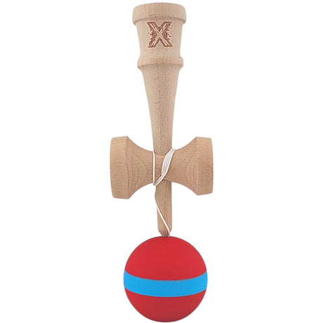 Kendama X Originala, Profesionala, Vivimall, 18 cm, din Lemn, Rubber Grip, Rosu/Albastru - vivimall.ro