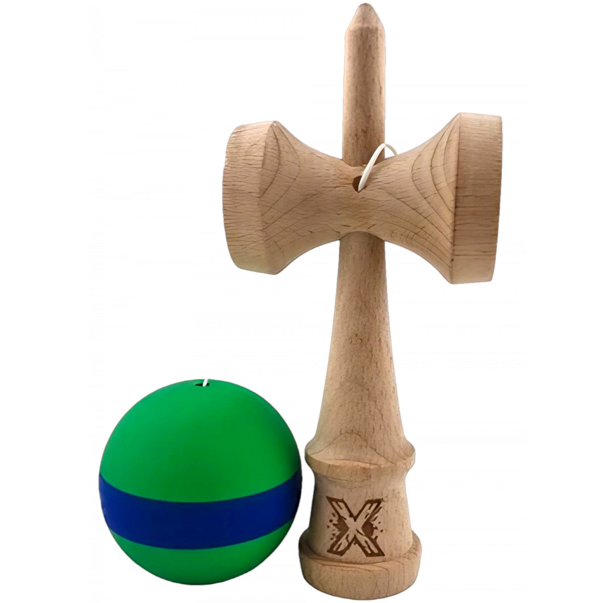 Kendama X Original, професионална, 18 см дървена, гумена дръжка, зелена/синя