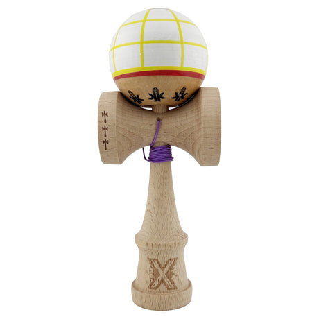 Kendama X Originala, Profesionala, Flippy, Big Cups V2, Model Glob Super Sticky Legendary Cupe Mari, Rulment Metalic cu Ata 55 cm, Alb/Galben/Rosu - vivimall.ro