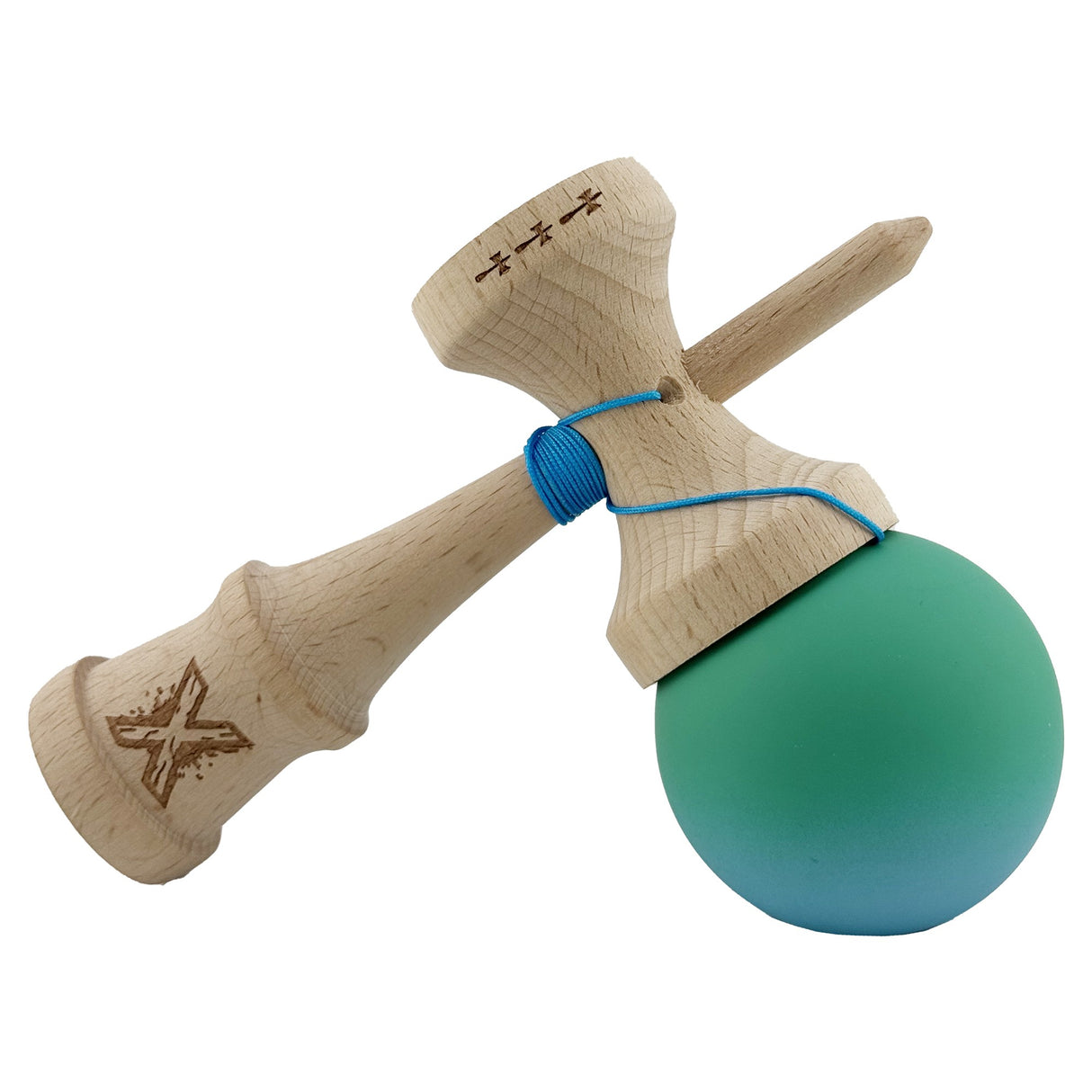 Kendama X Originala, Profesionala, Flippy, Big Cups V2, Rubber Grip cu Cupe Mari, Rulment Metalic cu Ata 55 cm,-Verde/Albastru - vivimall.ro