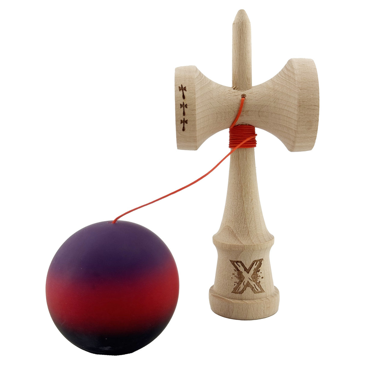 Kendama X Originala, Profesionala, Flippy, Big Cups V2, Rubber Grip cu Cupe Mari, Rulment Metalic cu Ata 55 cm,-Mov/Rosu/Negru - vivimall.ro