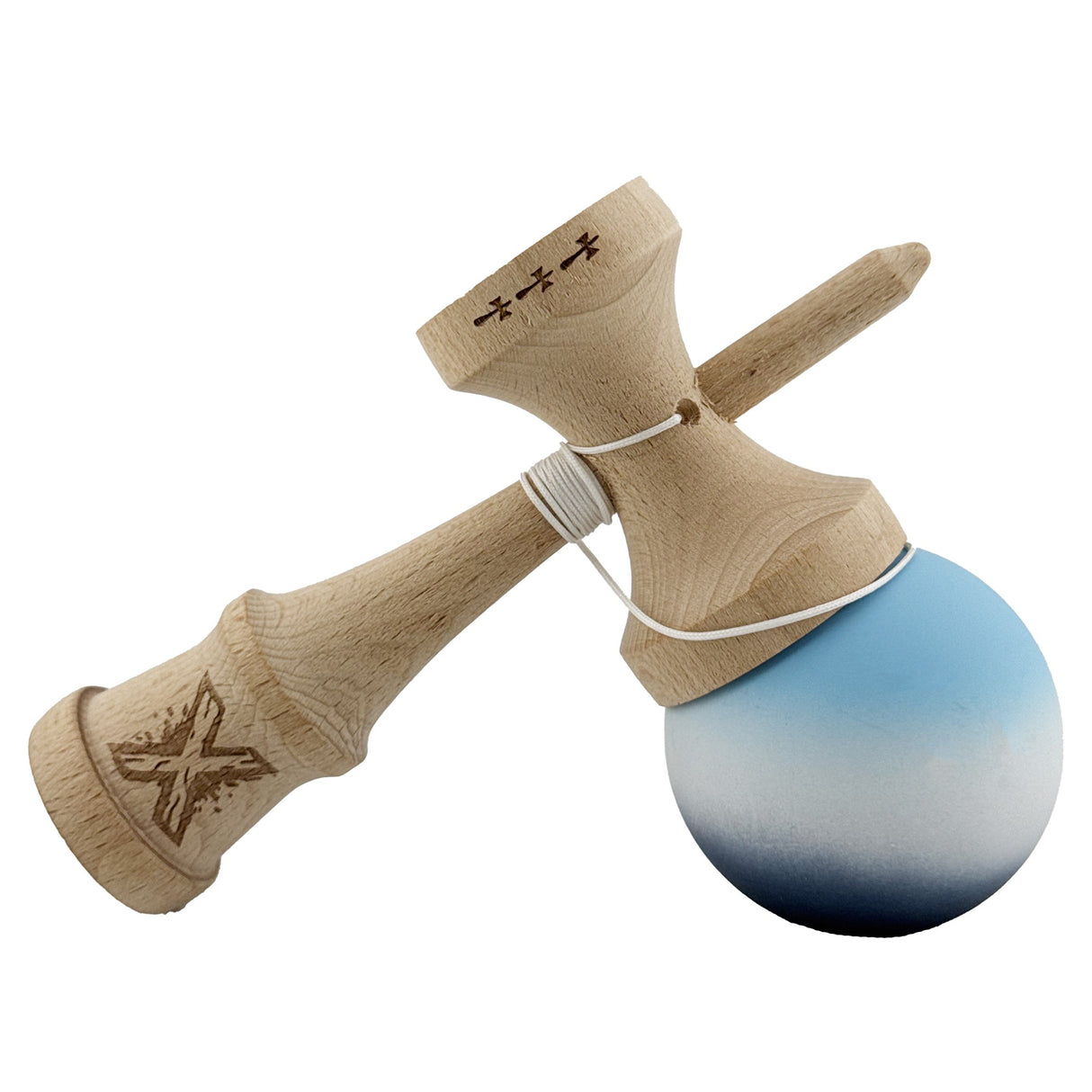 Kendama X Originala, Profesionala, Flippy, Big Cups V2, Rubber Grip cu Cupe Mari, Rulment Metalic cu Ata 55 cm, Gradient Albastru/Alb/Negru - vivimall.ro