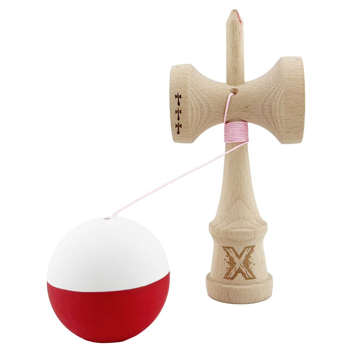 Kendama X Originala, Profesionala, Vivimall, Big Cups V2, Rubber Grip cu Cupe Mari, Rulment Metalic cu Ata 55 cm, Alb/Rosu - vivimall.ro