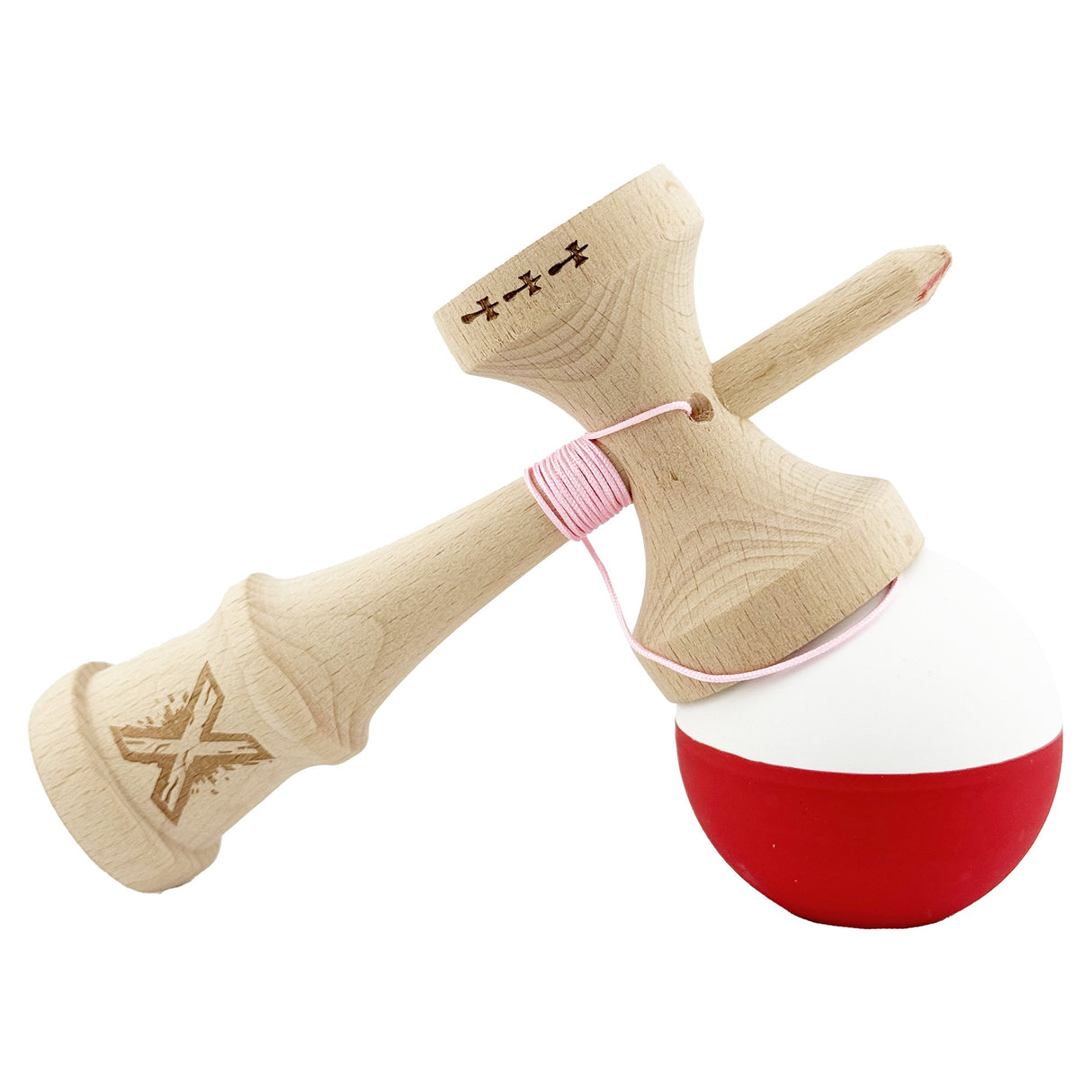 Kendama X Originala, Profesionala, Vivimall, Big Cups V2, Rubber Grip cu Cupe Mari, Rulment Metalic cu Ata 55 cm, Alb/Rosu - vivimall.ro