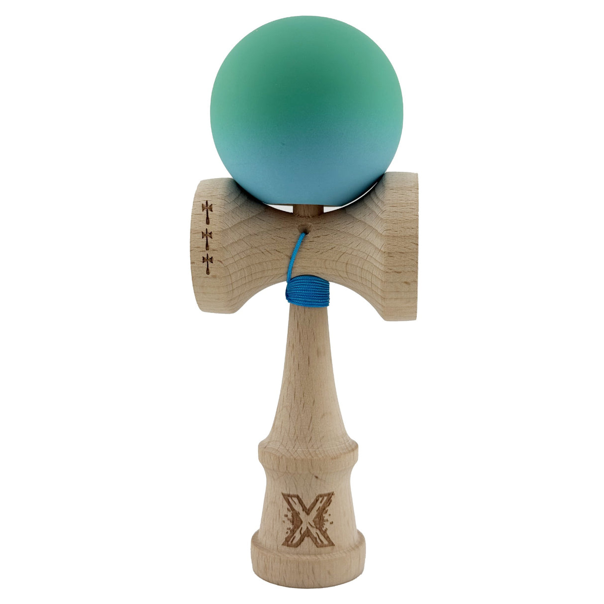 Kendama X Originala, Profesionala, Flippy, Big Cups V2, Rubber Grip cu Cupe Mari, Rulment Metalic cu Ata 55 cm,-Verde/Albastru - vivimall.ro