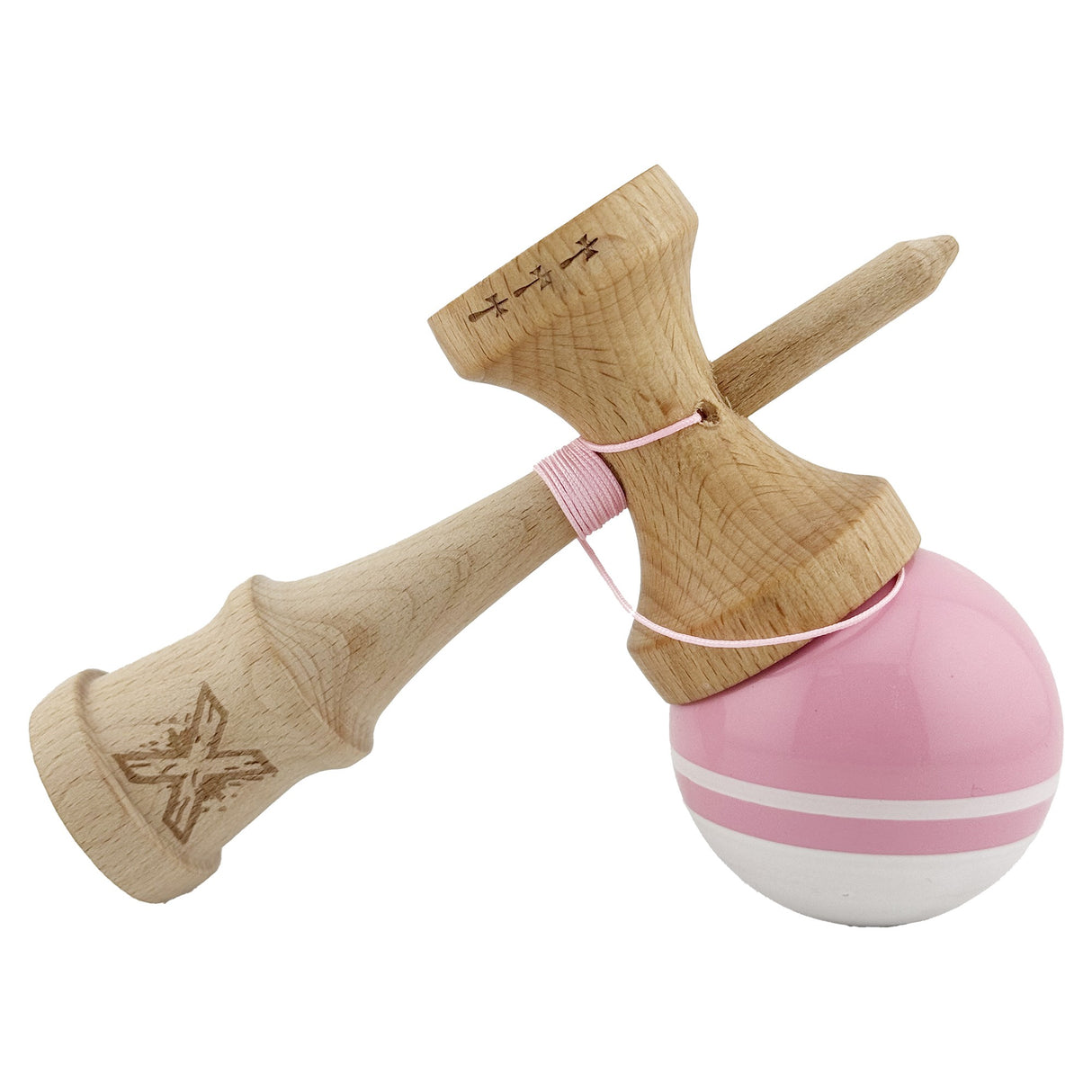 Kendama X Originala, Profesionala, Vivimall, Big Cups V2, Super Sticky cu Cupe Mari, din lemn 18 cm, Rulment Metalic cu Ata 55 cm, Roz/Alb - vivimall.ro
