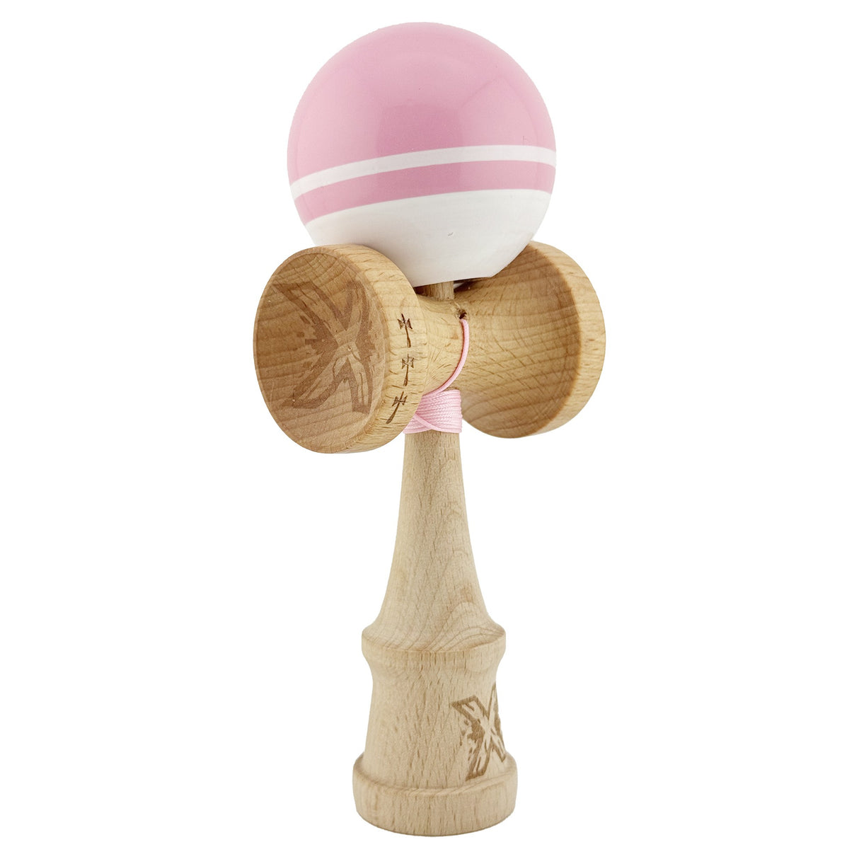 Kendama X Originala, Profesionala, Flippy, Big Cups V2, Super Sticky cu Cupe Mari, din lemn 18 cm, Rulment Metalic cu Ata 55 cm, Roz/Alb - vivimall.ro