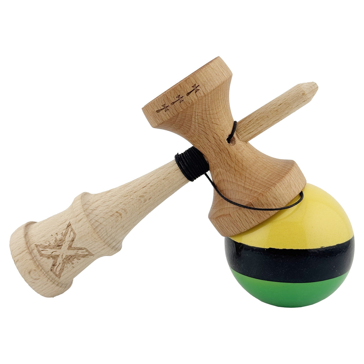 Kendama X Originala, Profesionala, Flippy, Big Cups V2, Super Sticky cu Cupe Mari, din lemn 18 cm, Rulment Metalic cu Ata 55 cm, Galben/Negru/Verde - vivimall.ro