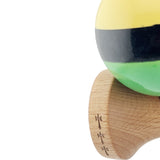 Kendama X Originala, Profesionala, Flippy, Big Cups V2, Super Sticky cu Cupe Mari, din lemn 18 cm, Rulment Metalic cu Ata 55 cm, Galben/Negru/Verde - vivimall.ro