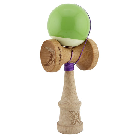 Kendama X Originala, Profesionala, Flippy, Big Cups V2, Super Sticky cu Cupe Mari, din lemn 18 cm, Rulment Metalic cu Ata 55 cm, Verde deschis/Alb - vivimall.ro