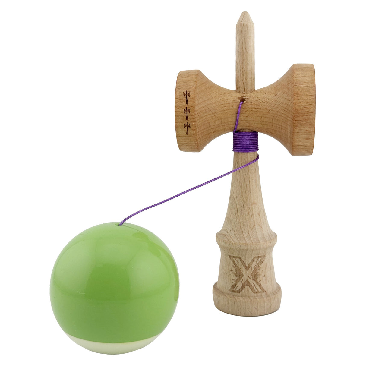 Kendama X Originala, Profesionala, Vivimall, Big Cups V2, Super Sticky cu Cupe Mari, din lemn 18 cm, Rulment Metalic cu Ata 55 cm, Verde deschis/Alb - vivimall.ro