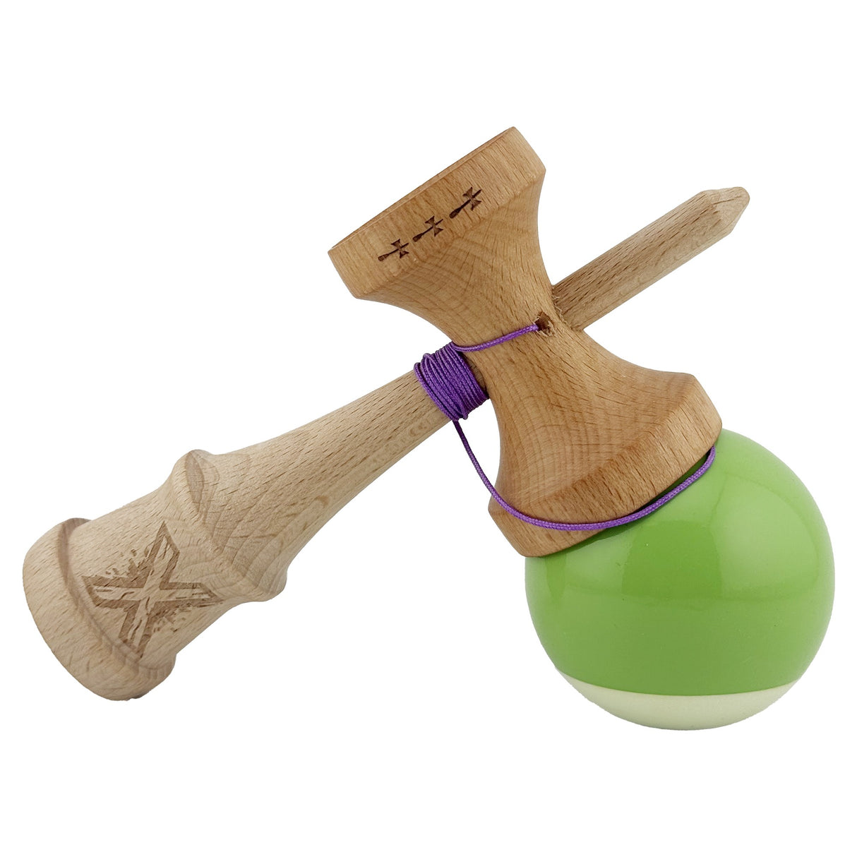 Kendama X Originala, Profesionala, Vivimall, Big Cups V2, Super Sticky cu Cupe Mari, din lemn 18 cm, Rulment Metalic cu Ata 55 cm, Verde deschis/Alb - vivimall.ro