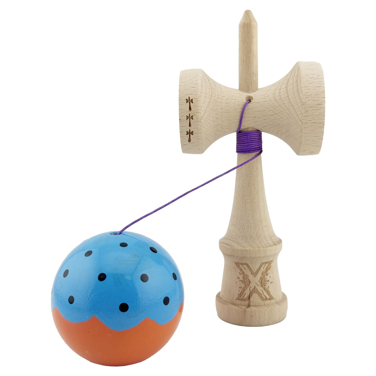 Kendama X Originala, Profesionala, Vivimall, Big Cups V2, Super Sticky, Rulment Metalic cu Ata 55 cm, Albastru/Portocaliu - vivimall.ro