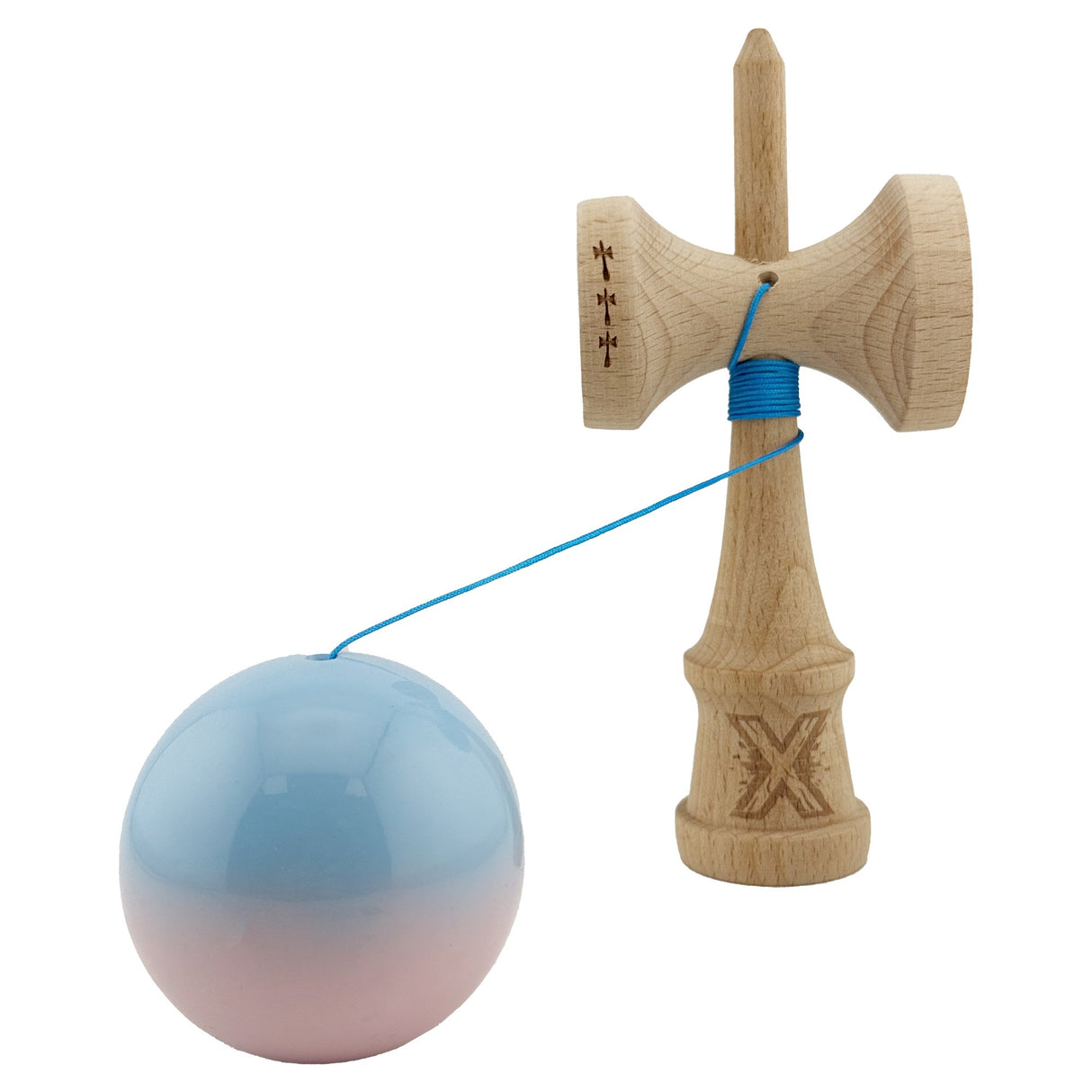 Kendama X Originala, Profesionala, Vivimall, Big Cups V2, Super Sticky, Rulment Metalic cu Ata 55 cm, Albastru/Roz - vivimall.ro