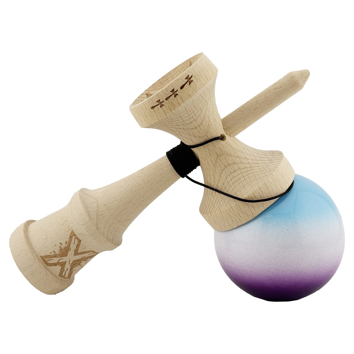 Kendama X Originala, Profesionala, Vivimall, Big Cups V2, Super Sticky, Rulment Metalic cu Ata 55 cm, Albastru/Alb/Mov - vivimall.ro