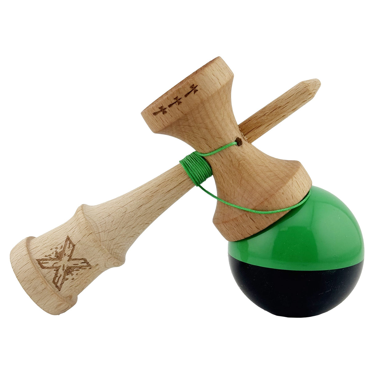 Kendama X Originala, Profesionala, Vivimall, Big Cups V2, Super Sticky cu Cupe Mari, Rulment Metalic, din lemn 18 cm, Ata 55 cm, Verde/Negru - vivimall.ro