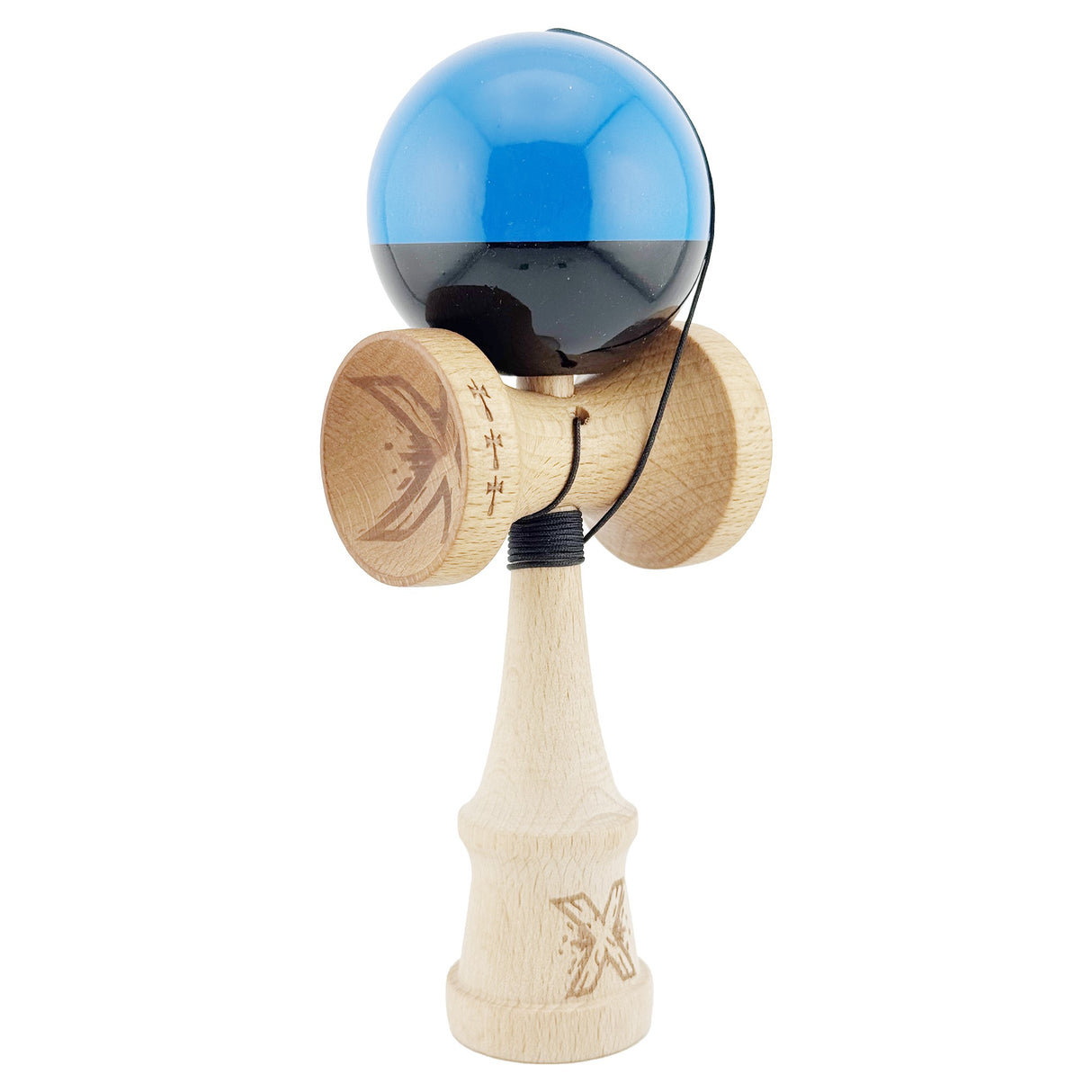 Kendama X Originala, Profesionala, Vivimall, Big Cups V2, Super Sticky cu Cupe Mari, Rulment Metalic, din lemn 18 cm, Ata 55 cm, Albastru/Negru - vivimall.ro