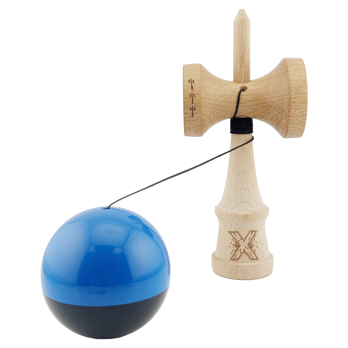 Kendama X Originala, Profesionala, Flippy, Big Cups V2, Super Sticky cu Cupe Mari, Rulment Metalic, din lemn 18 cm, Ata 55 cm, Albastru/Negru