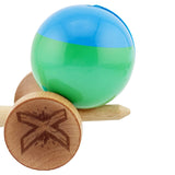 Kendama X Originala, Profesionala, Flippy, Big Cups V2, Super Sticky cu Cupe Mari, Rulment Metalic, din lemn 18 cm, Ata 55 cm, Albastru/Verde