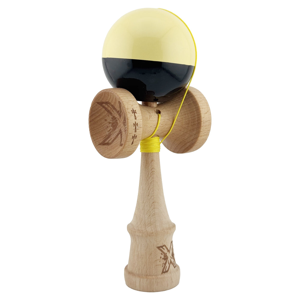 Kendama X Originala, Profesionala, Vivimall, Big Cups V2, Super Sticky cu Cupe Mari, Rulment Metalic, din lemn 18 cm, Ata 55 cm, Galben/Negru - vivimall.ro