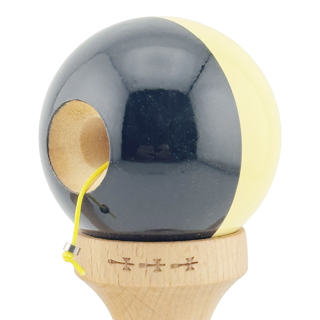 Kendama X Originala, Profesionala, Vivimall, Big Cups V2, Super Sticky cu Cupe Mari, Rulment Metalic, din lemn 18 cm, Ata 55 cm, Galben/Negru - vivimall.ro