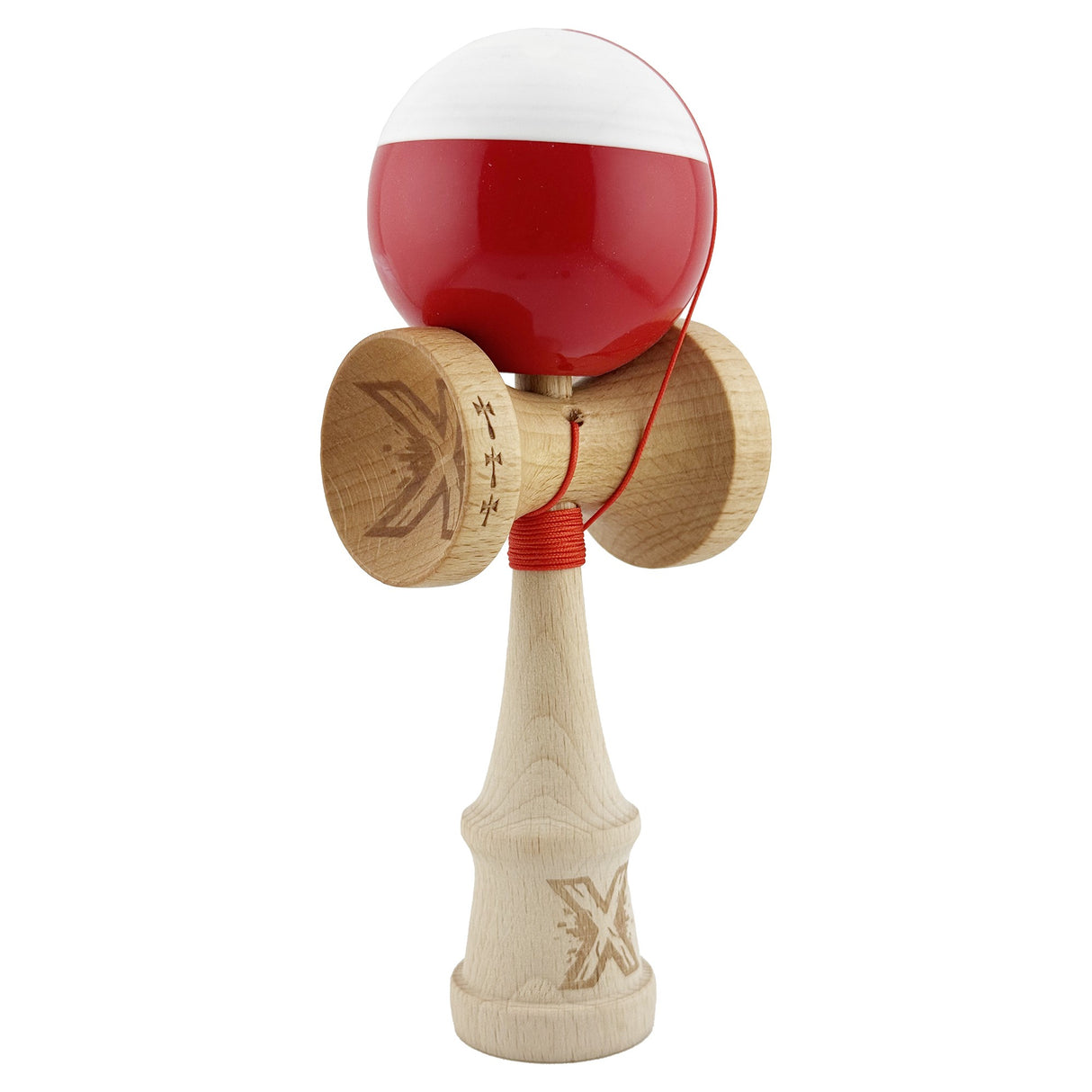 Kendama X Originala, Profesionala, Flippy, Big Cups V2, Super Sticky cu Cupe Mari, Rulment Metalic, din lemn 18 cm, Ata 55 cm, Alb/Rosu