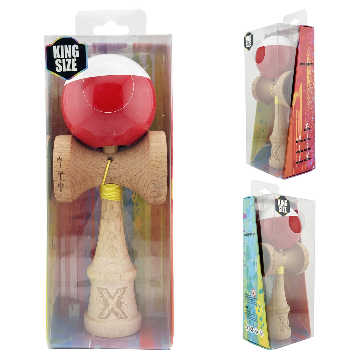 Kendama X Originala, Profesionala, Vivimall, Big Cups V2, Super Sticky cu Cupe Mari, Rulment Metalic, din lemn 18 cm, Ata 55 cm, Alb/Rosu - vivimall.ro
