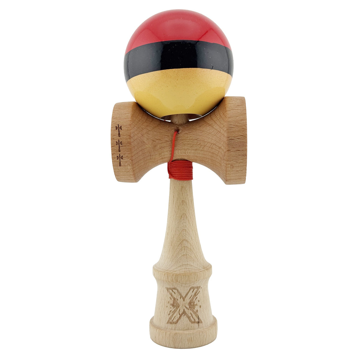 Kendama X Originala, Profesionala, Vivimall, Big Cups V2, Super Sticky, Rulment Metalic cu Ata 55 cm, rosu/negru/galben - vivimall.ro
