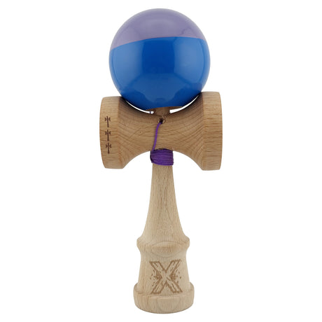 Kendama X Originala, Profesionala, Vivimall, Big Cups V2, Super Sticky cu Cupe Mari, Rulment Metalic, din lemn 18 cm, Ata 55 cm, Mov/Albastru - vivimall.ro