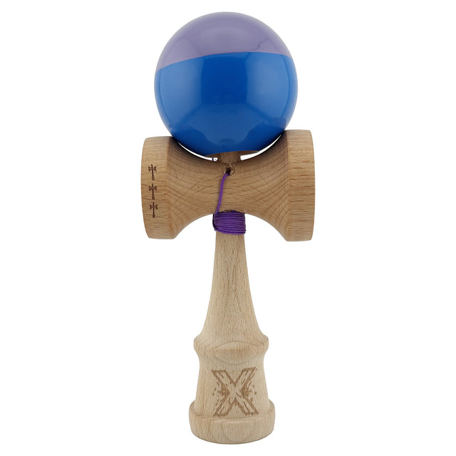 Kendama X Originala, Profesionala, Vivimall, Big Cups V2, Super Sticky cu Cupe Mari, Rulment Metalic, din lemn 18 cm, Ata 55 cm, Mov/Albastru - vivimall.ro