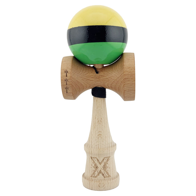 Kendama X Originala, Profesionala, Vivimall, Big Cups V2, Super Sticky, Rulment Metalic cu Ata 55 cm,  Galben/Negru/Verde - vivimall.ro