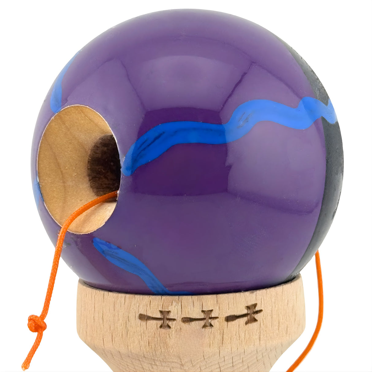 Kendama X Originala, Profesionala, Flippy, Big Cups V2, Super Sticky Cupe Mari, Rulment Metalic cu Ata 55 cm,-Negru Mov cu Linii - vivimall.ro