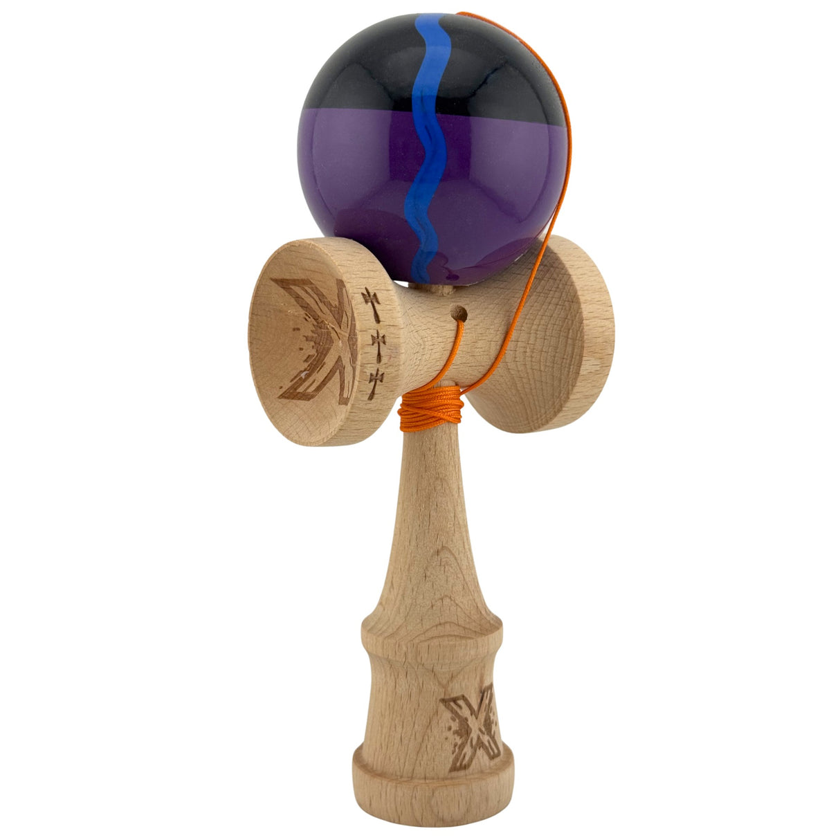 Kendama X Originala, Profesionala, Flippy, Big Cups V2, Super Sticky Cupe Mari, Rulment Metalic cu Ata 55 cm,-Negru Mov cu Linii - vivimall.ro
