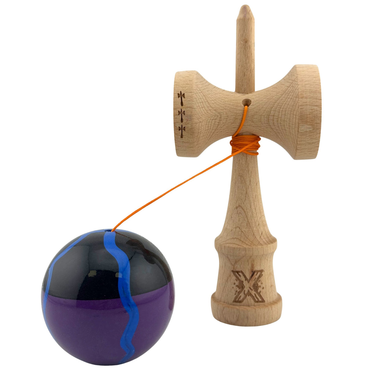 Kendama X Originala, Profesionala, Flippy, Big Cups V2, Super Sticky Cupe Mari, Rulment Metalic cu Ata 55 cm,-Negru Mov cu Linii - vivimall.ro