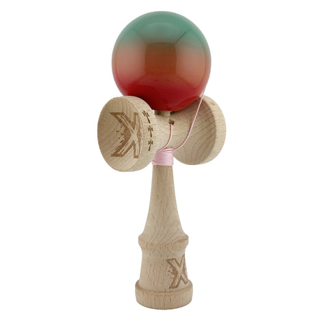 Kendama X Originala, Profesionala, Flippy, Big Cups V2, Super Sticky Cupe Mari, Rulment Metalic cu Ata 55 cm, Rosu/Verde - vivimall.ro