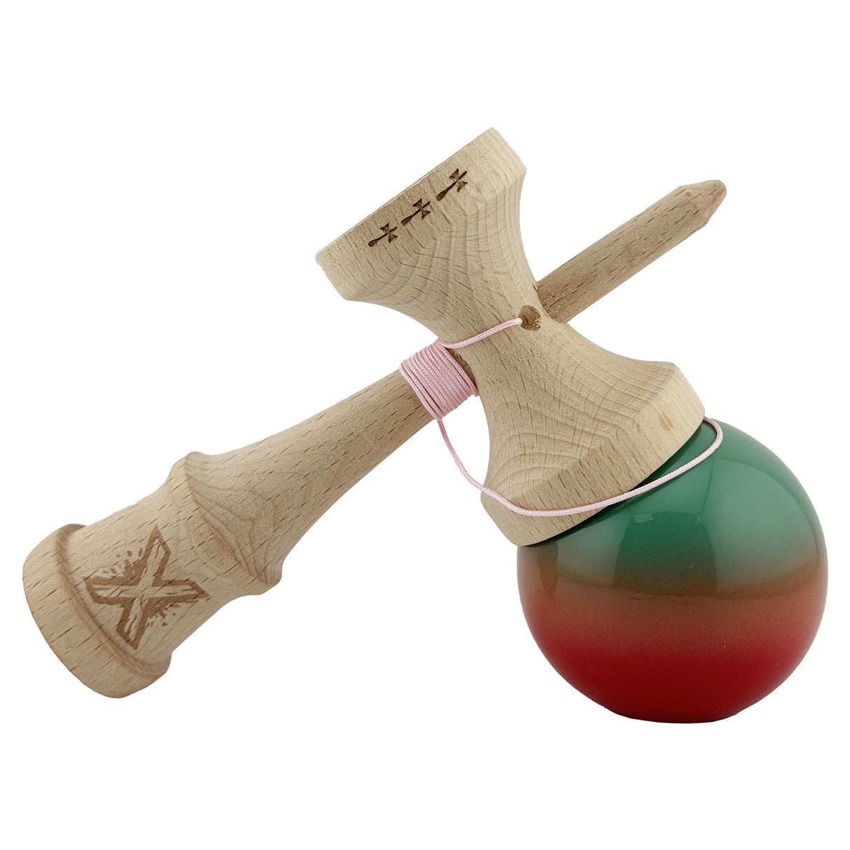 Kendama X Originala, Profesionala, Flippy, Big Cups V2, Super Sticky Cupe Mari, Rulment Metalic cu Ata 55 cm, Rosu/Verde - vivimall.ro