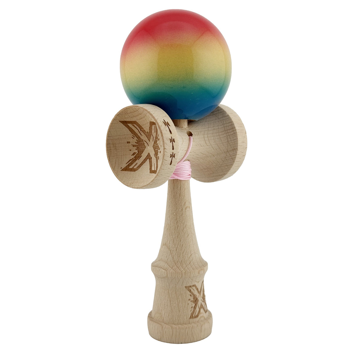 Kendama X Originala, Profesionala, Flippy, Big Cups V2, Super Sticky Cupe Mari, Rulment Metalic cu Ata 55 cm, Rosu/Galben/Albastru - vivimall.ro