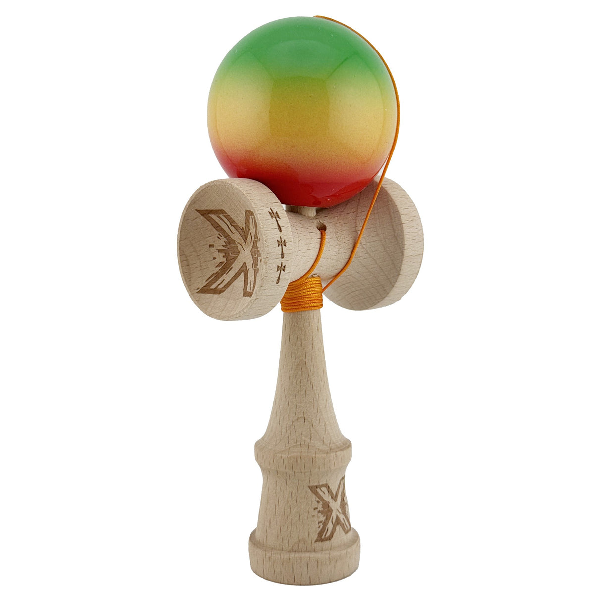 Kendama X Originala, Profesionala, Flippy, Big Cups V2, Super Sticky Cupe Mari, Rulment Metalic cu Ata 55 cm, Verde/Galben/Rosu - vivimall.ro