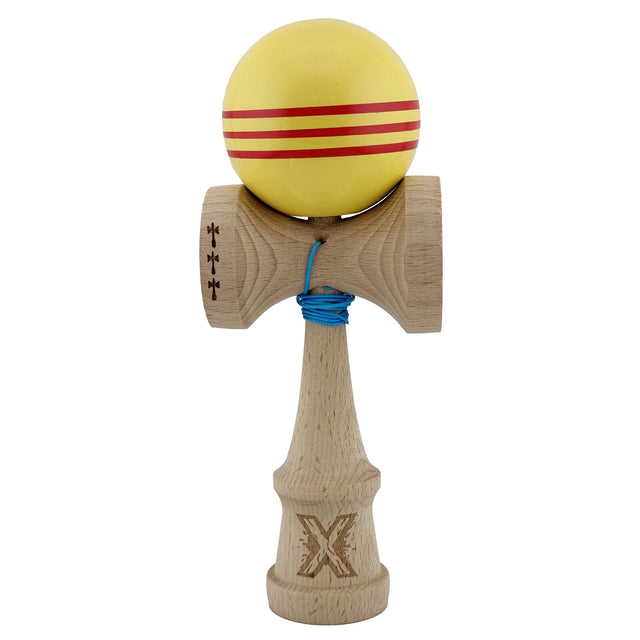 Kendama X Originala, Profesionala, Flippy, Big Cups V2, Super Sticky Legendary Cupe Mari, Rulment Metalic cu Ata 55 cm,-Galben/Linii Rosii - vivimall.ro