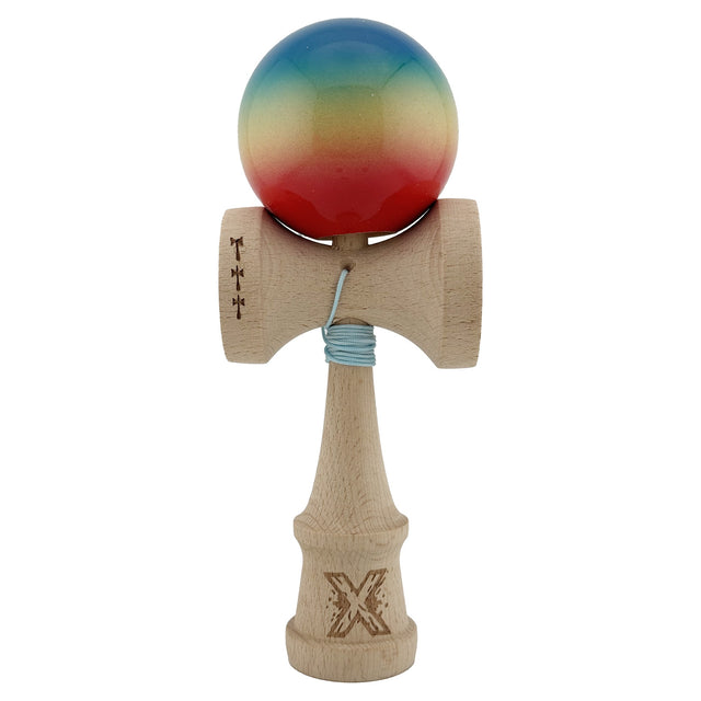 Kendama X Originala, Profesionala, Flippy, Big Cups V2, Super Sticky Cupe Mari, Rulment Metalic cu Ata 55 cm, Rosu/Galben/Albastru - vivimall.ro