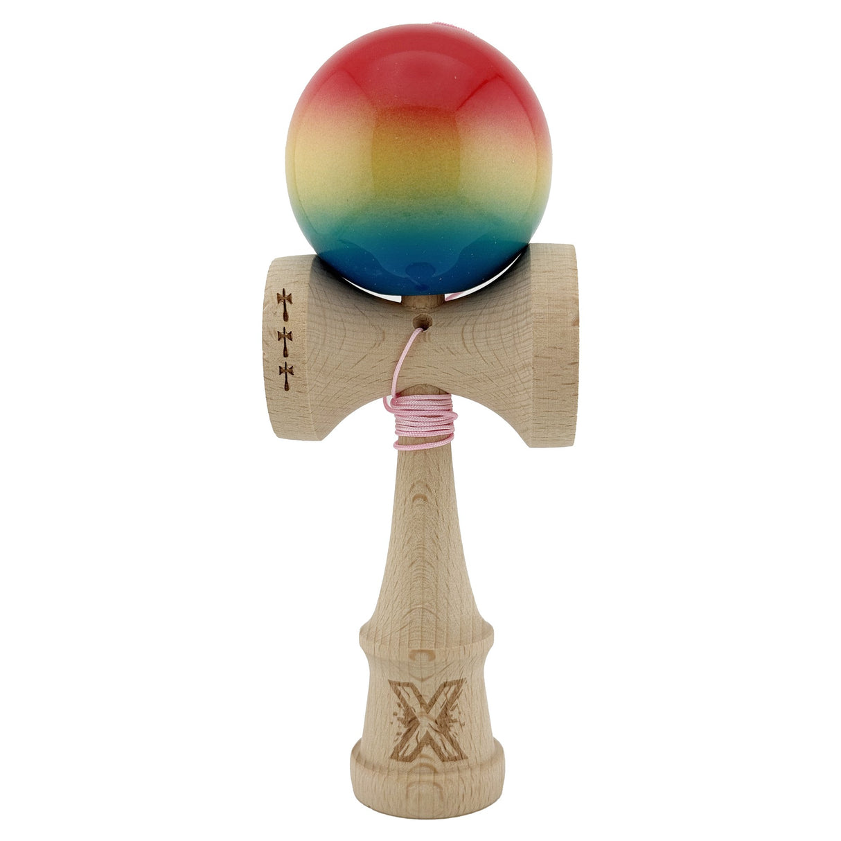 Kendama X Originala, Profesionala, Flippy, Big Cups V2, Super Sticky Cupe Mari, Rulment Metalic cu Ata 55 cm, Rosu/Galben/Albastru - vivimall.ro