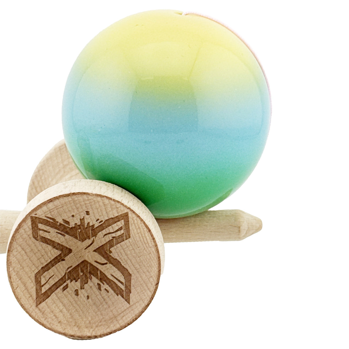 Kendama X Originala, Profesionala, Flippy, Big Cups V2, Super Sticky Cupe Mari, Rulment Metalic cu Ata 55 cm, Galben/Albastru deschis/Verde - vivimall.ro