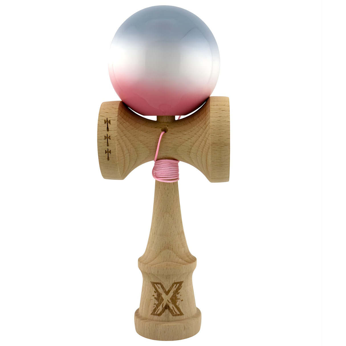 Kendama X Originala, Profesionala, Flippy, Big Cups V2, Super Sticky Cupe Mari, Rulment Metalic cu Ata 55 cm, Gradient Roz/Alb/Gri - vivimall.ro