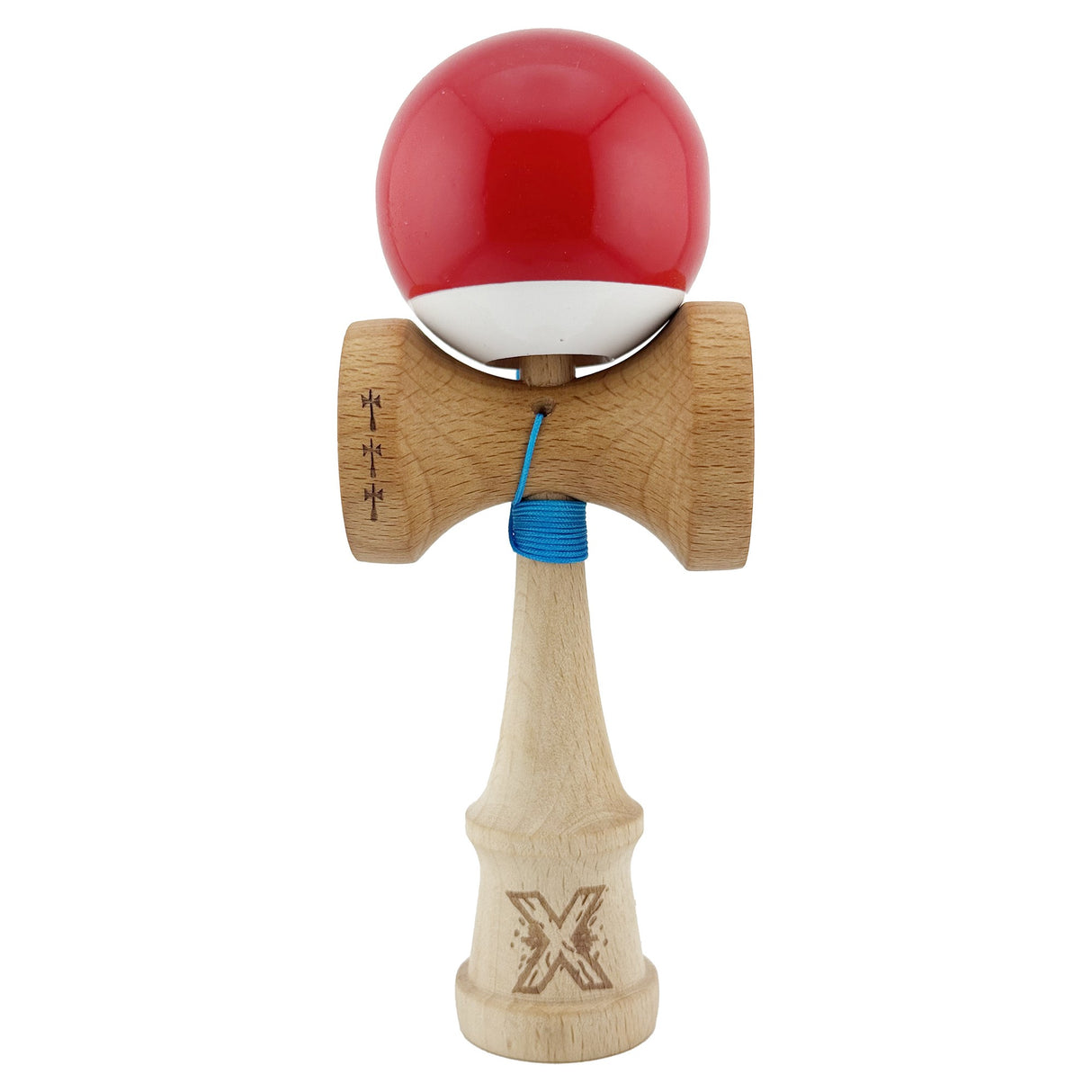 Kendama X Originala, Profesionala, Vivimall, Big Cups V2, Super Sticky cu Cupe Mari, din lemn 18 cm, Rulment Metalic cu Ata 55 cm, Rosu/Alb - vivimall.ro